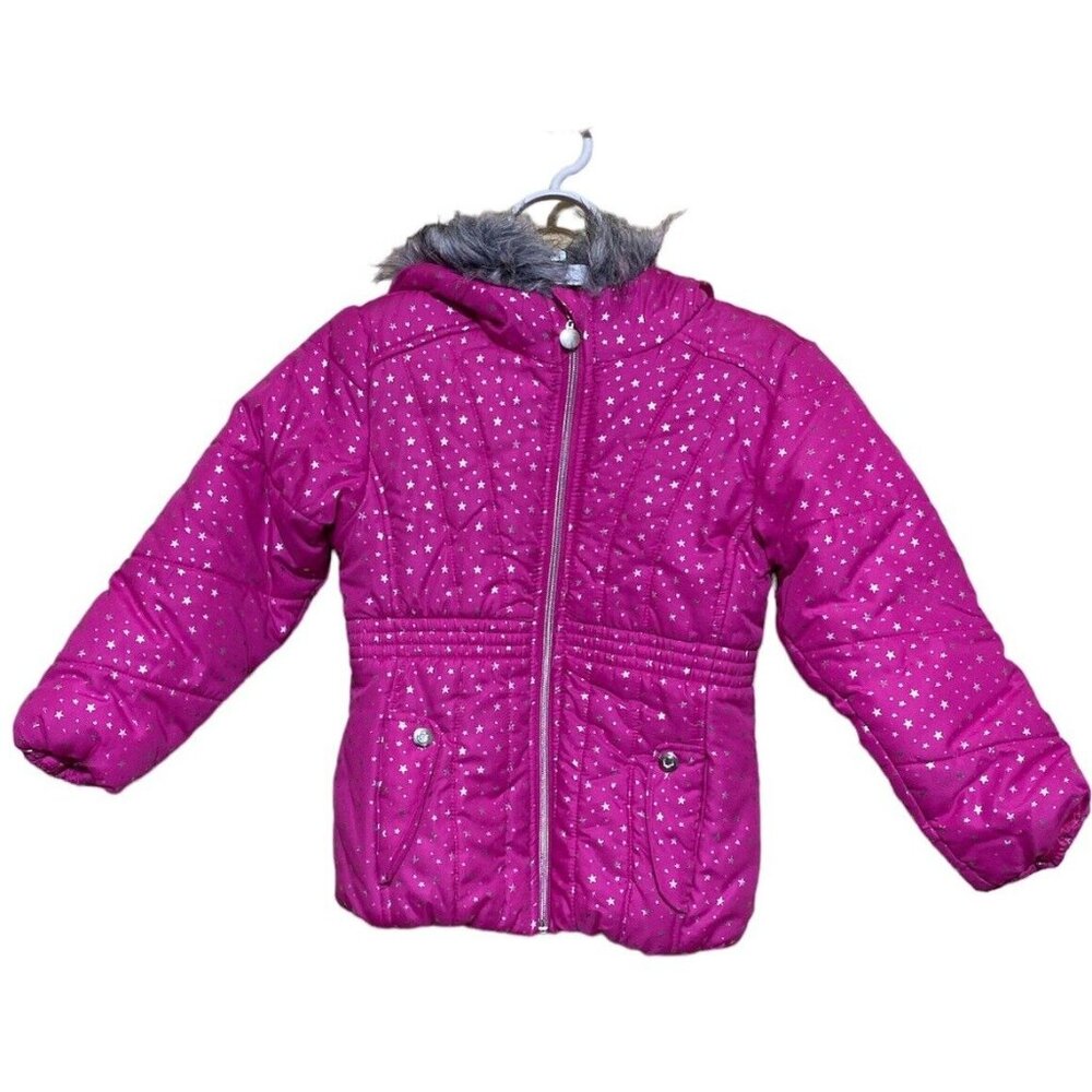 R 1881 by Rothschild Zip Up Jacket Girl Size 5/6 Pink Silver Stars Faux Fur Trim